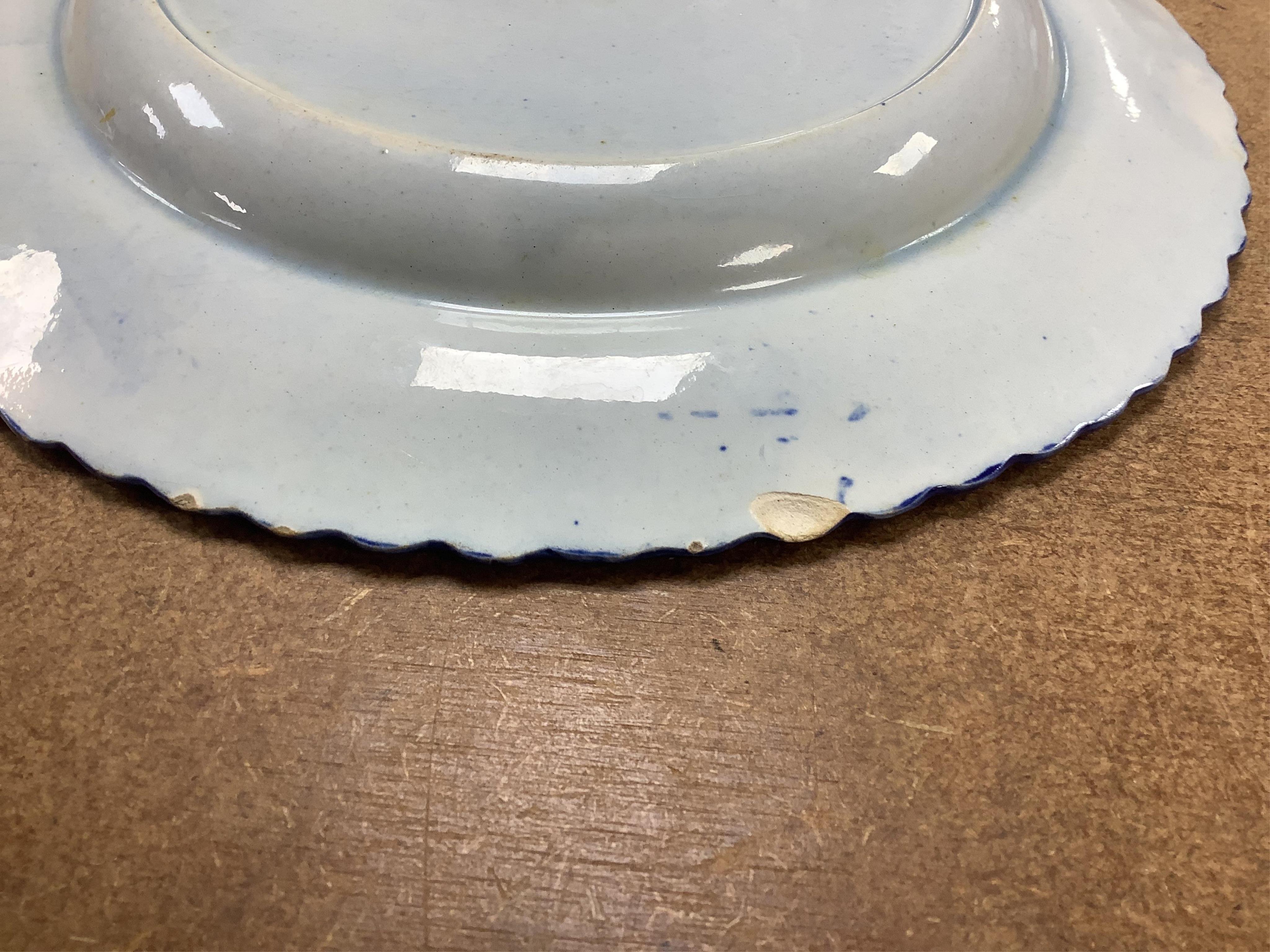 A set of six Yorkshire pearlware ‘bird’ plates, c.1800, and a Spode blue printed octagonal serving dish, largest 25cm in diameter. Condition - fair